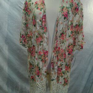 SWEET RAIN Cardigan Women Medium Oversized Lace Open Front Floral Kimono Size 1X